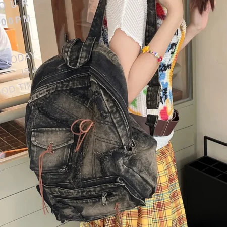 Washed Denim Patchwork Backpack