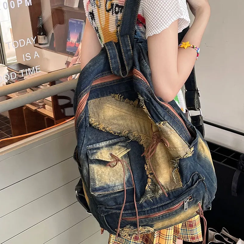 Washed Denim Patchwork Backpack - Image 2