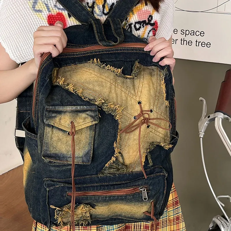 Washed Denim Patchwork Backpack - Image 3