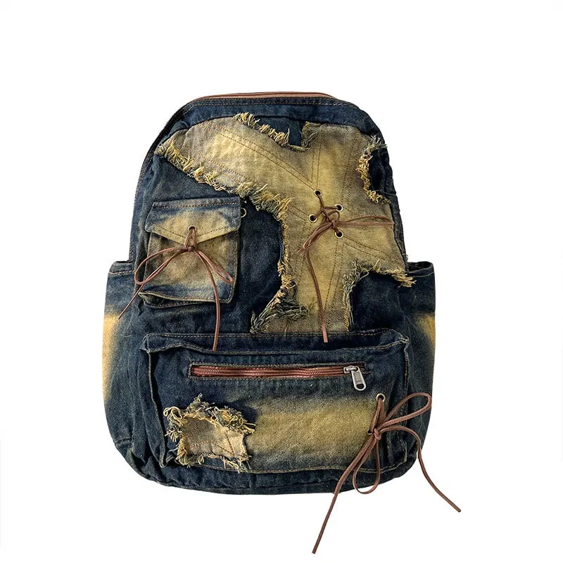 Washed Denim Patchwork Backpack - Image 5