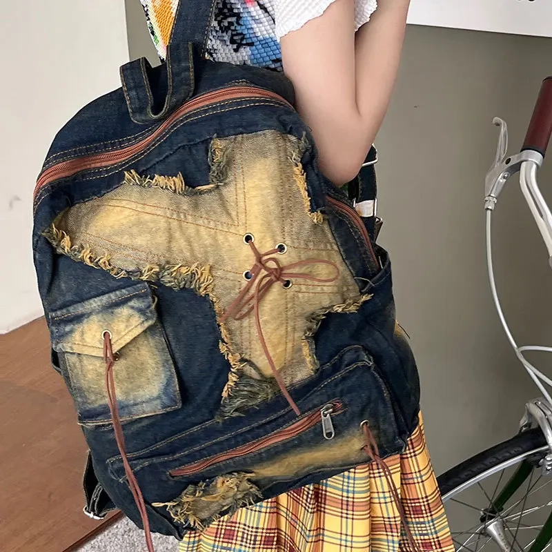 Washed Denim Patchwork Backpack - Image 4