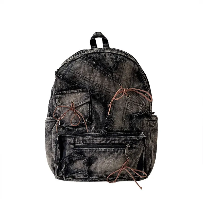 Washed Denim Patchwork Backpack - Image 7
